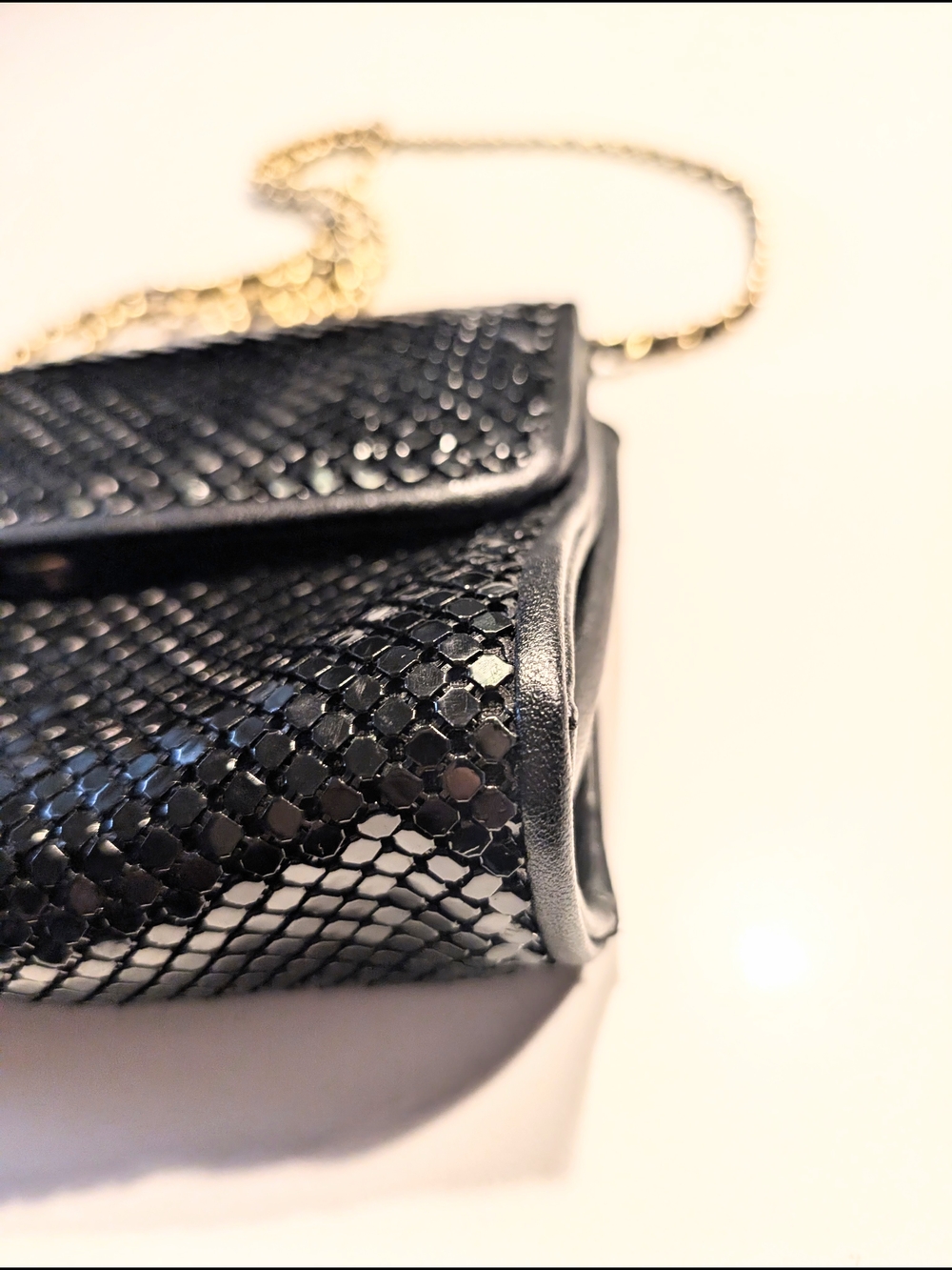 Whiting & Davis Black Sequined Crossbody with Gold Chain - Picture 2 of 3